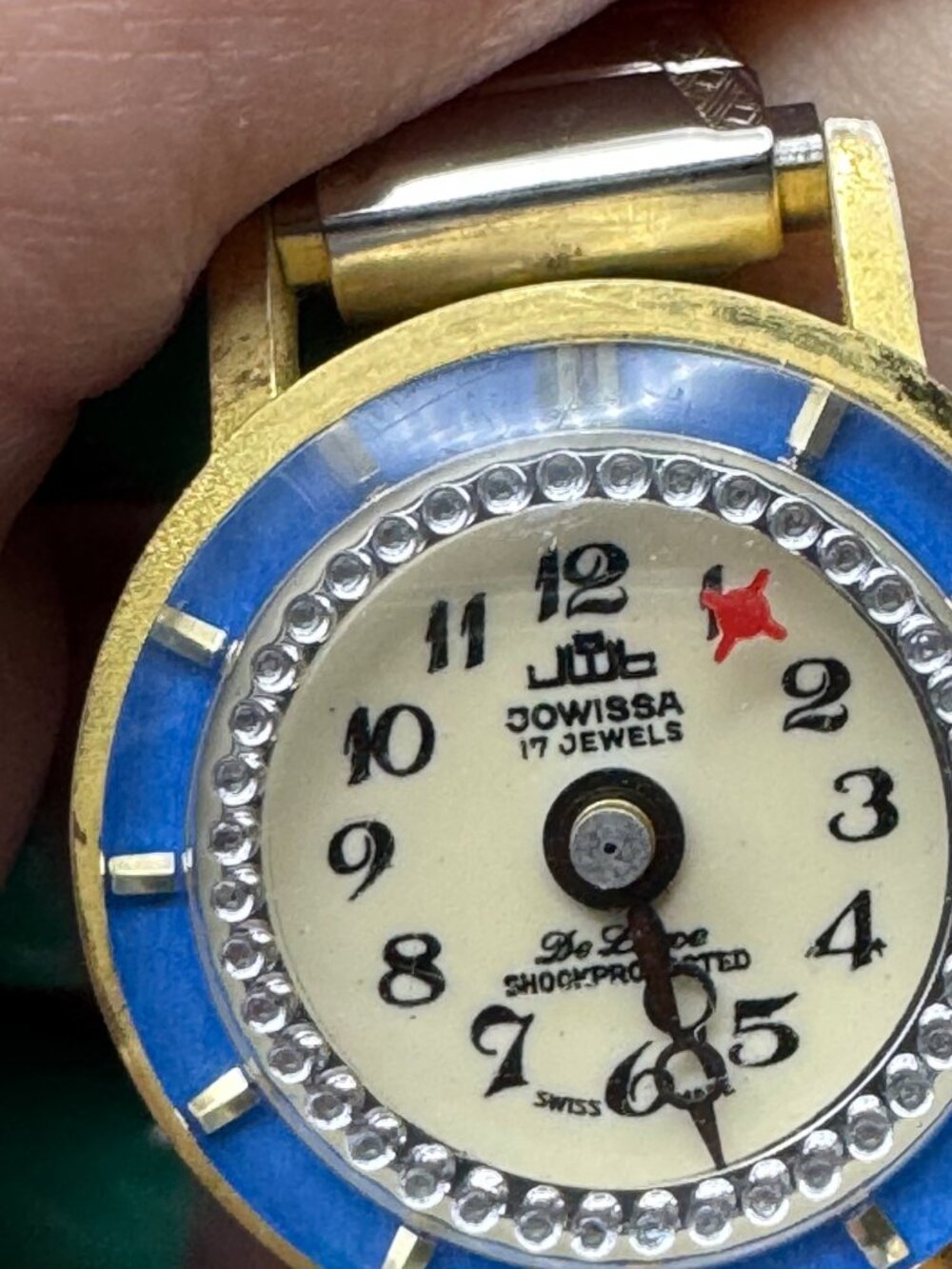 Vintage Jowissa 17 Jewel Swiss Mechanical Watch Blue Bezel Rhinestone Dial - Picture 6 of 6